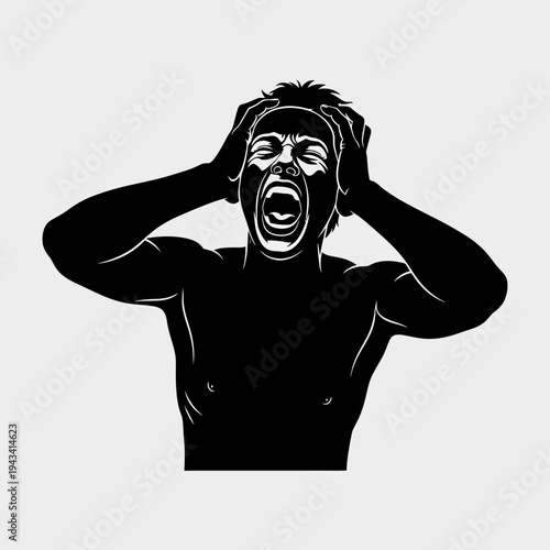 Man Screaming in Agony, Holding Head in Hands, Expressing Pain and Stress