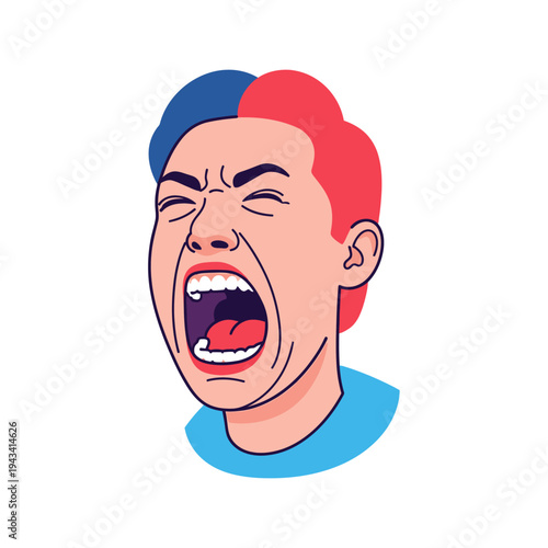 Man Screaming Loudly With Red and Blue Hair, Expressing Anger and Frustration