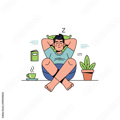 Man sleeping peacefully on pillow with crossed legs, coffee and book nearby