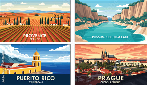 Colorful illustrated travel postcards featuring Provence France, Possum Kingdom Lake, Puerto Rico Caribbean, and Prague Czech Republic cityscape designs