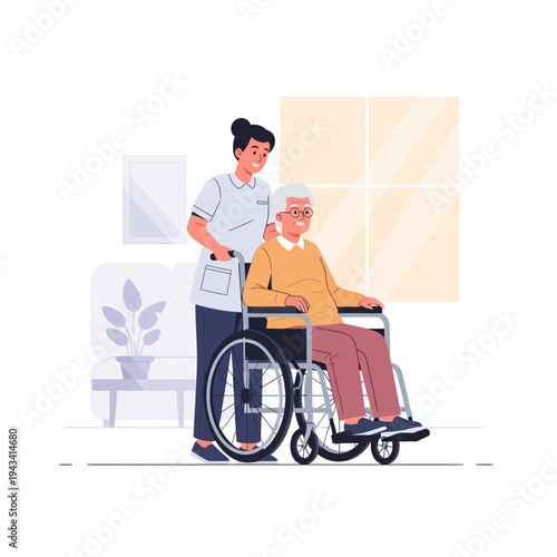 Nurse assisting elderly man in wheelchair at home, care and support concept
