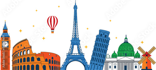 Illustrated collage of famous European landmarks including Big Ben, Colosseum, Eiffel Tower, Leaning Tower of Pisa, Basilica, and windmill