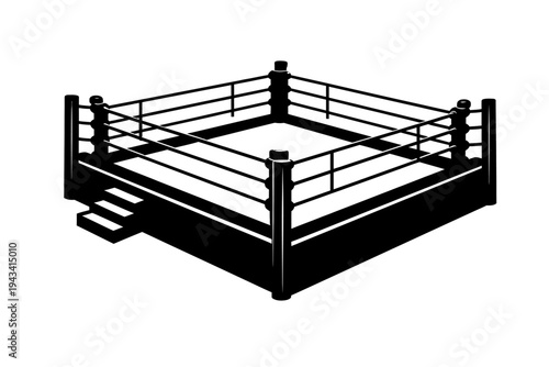 Boxing ring vector silhouette, black and white with ropes, posts, and stairs. Perfect for pro boxing, MMA, wrestling, combat sports, fight night promos, gym designs, championship graphics. Symbolizes