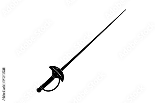 Striking black silhouette vector illustration of a classical fencing foil sword, showcasing its slender blade, protective bell guard, and ergonomic grip, ideal for sports, martial arts, historical wea