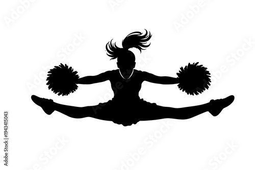Dynamic black silhouette of a female cheerleader executing a spectacular jump split with arms extended wide, holding vibrant pom-poms on a crisp white background, embodying energetic performance, athl