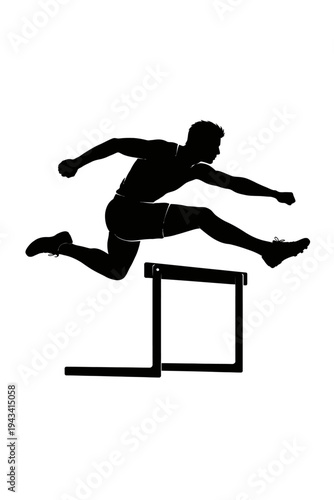 Dynamic silhouette of a male athlete expertly clearing a hurdle during a track and field event, showcasing powerful athletic prowess, speed, and agility in an intense, challenging hurdle race. Ideal f