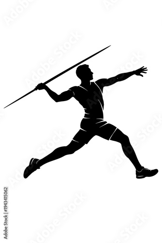 Dynamic Silhouette of a Male Javelin Thrower in Full Athletic Action, Capturing the Intense Moment of Powerful Release During a Track and Field Competition. Ideal for Sports Marketing, Olympic Themes,