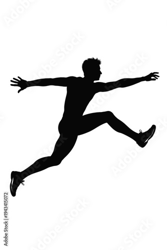 Male athlete silhouette mid-air jump. Dynamic action vector illustration. Track and field runner hurdler long jumper. Speed agility power competitive sport fitness graphic design element. Athletic per