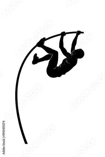 Dynamic black silhouette of a powerful pole vaulter in mid-air during an intense track and field competition, showcasing incredible strength and agility. This vector is ideal for sports branding, even