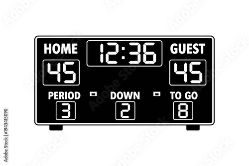 Black and White Digital Scoreboard: Home 45, Guest 45, Time 12:36, Period 3, Down 2, To Go 8. Great visual for sports graphics, game day, athletic events, competition tracking. Ideal for football, bas