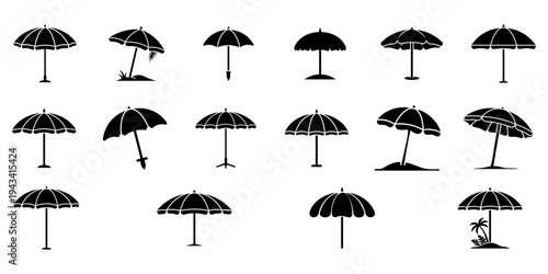 Beach Umbrella Silhouette Vector Set - Summer Sunshade Icons, Patio Umbrella Graphics, Sun Protection Design Elements for Vacation Branding, Travel Icons and Seasonal Outdoor Layouts