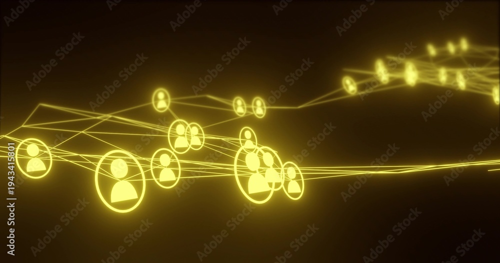 Fototapeta premium Glowing cluster of user icons forming connected mesh in dark digital space, yellow lines