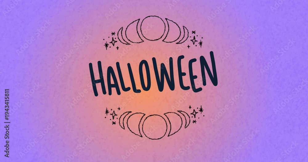Obraz premium Displaying bold hand-lettered HALLOWEEN wordmark centered on flat canvas, with moon-phase motifs