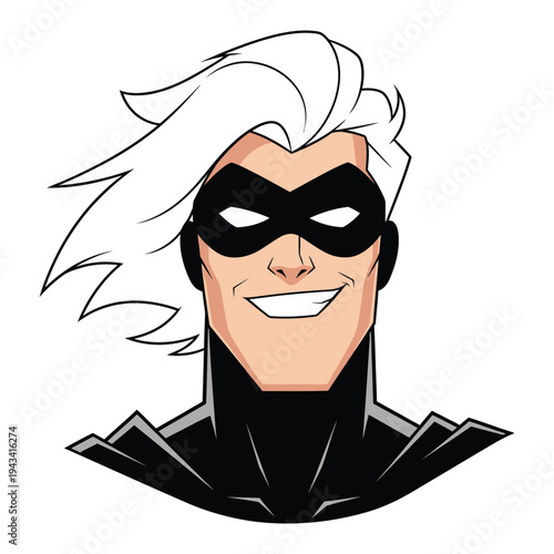 Stylized cartoon portrait of a smiling superhero with white hair and black mask