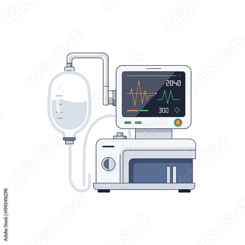 Medical Ventilator Machine with IV Drip Bag and Monitor Displaying Vital Signs