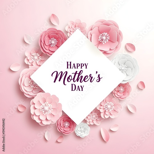 Happy mothers day greeting card with pink and white flowers on pink background