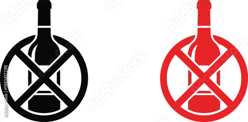 Prohibited items symbols featuring wine bottles with crossed-out circles in black and red designs Vector