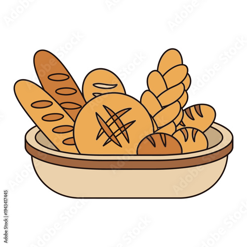 Assortment of fresh baked bread in a basket, vector illustration, bakery concept