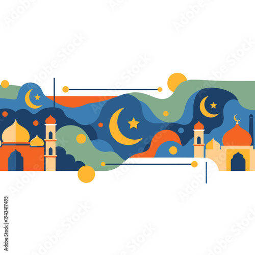 Vibrant illustration of mosque architecture at night.