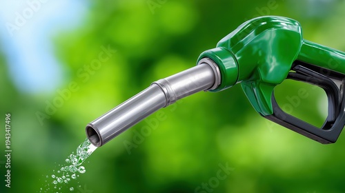 Close-up of green fuel nozzle with droplets against blurred natural background