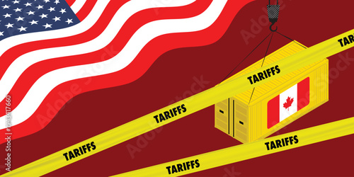 Concept illustration of international trade tariffs and economic pressure with US flag and Canada trade lines. Symbolizing taxation, import export duties, geopolitics, diplomacy, global market tension