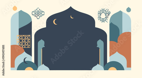 A stylized illustration of a mosque at night.