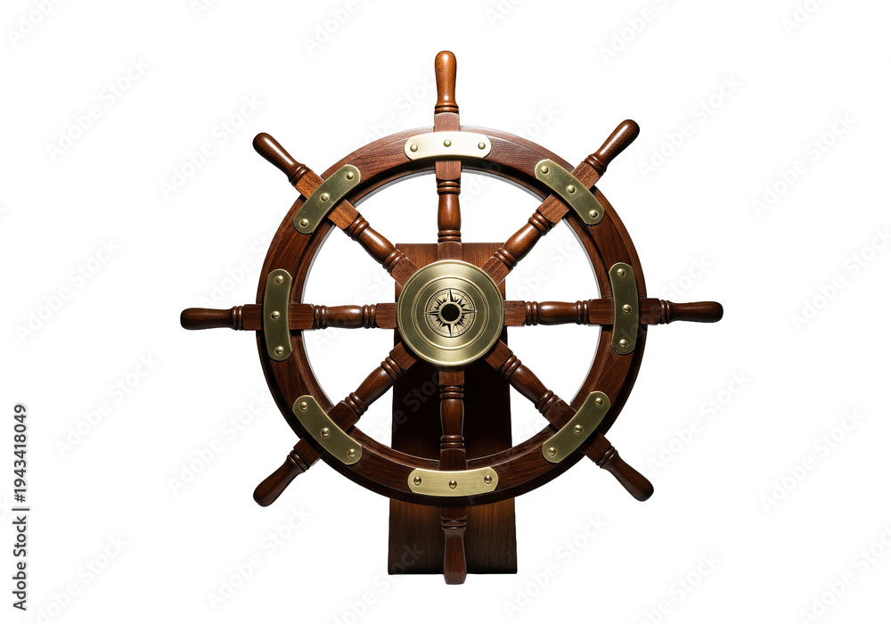 Obraz premium Wooden Ship's Wheel, Detailed Close Up, Warm Lighting