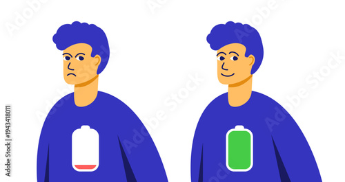 Two stylized men in blue shirts with chest battery icons. Metaphor of emotional burnout. Left frowning with red, right smiling with green, white background. Vector illustration