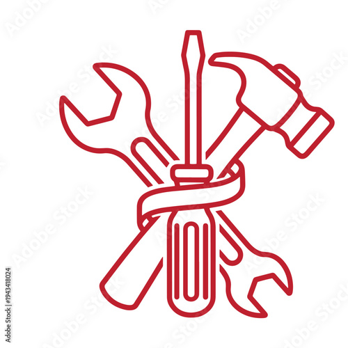 red line drawing of crossed wrench screwdriver and hammer for construction and repair isolated on white background