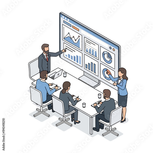 Business meeting with data analysis on large screen, teamwork and strategy discussion