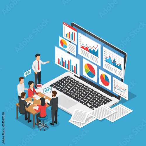 Business meeting with data analysis on laptop screen, teamwork and strategy planning