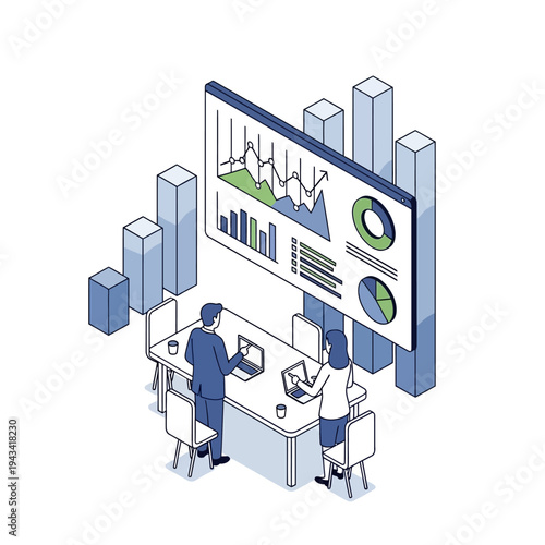 Business meeting with data analysis on screen and charts
