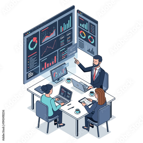 Business meeting with data analysis on large screens, team discussing strategy
