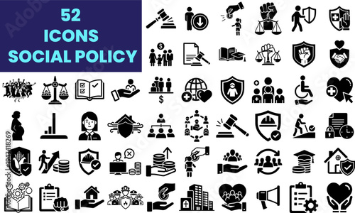 52 Social Policy and Human Rights Glyph Icons   Bold Vector Set. solid black glyph icons representing social justice, public welfare, healthcare access, labor rights, and community development.