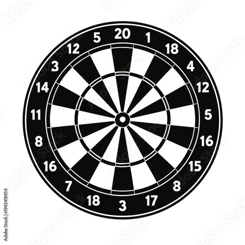 Classic black and white dartboard with standard numbered segments (1-20), bullseye, and scoring rings, representing a timeless precision target for indoor sports, pub games, skill, and recreational fu
