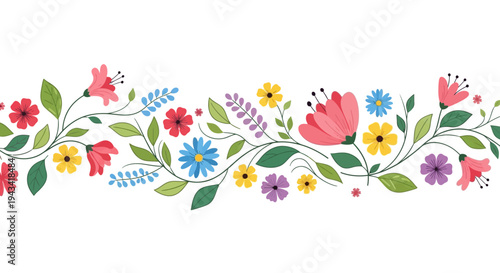 A vibrant floral border illustration featuring an array of colorful blossoms and lush green foliage, perfect for spring and summer designs.