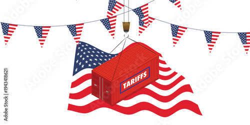 Concept illustration of international trade tariffs and economic pressure with US flag and global trade lines. Symbolizing taxation, import export duties, geopolitics, diplomacy, global market tension