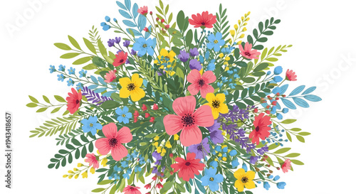 A vibrant, beautifully illustrated bouquet of diverse colorful spring flowers and lush green foliage creates a cheerful, inviting natural design on white.