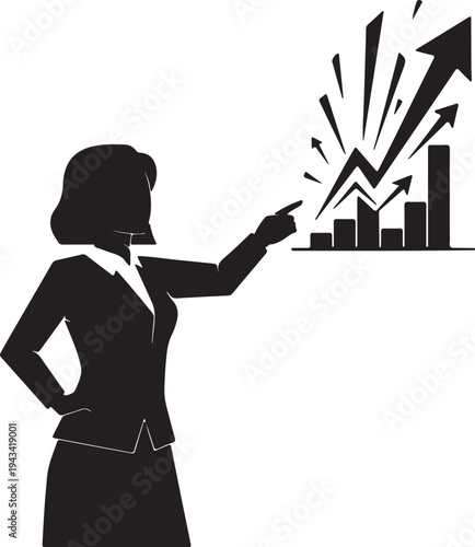Silhouette of a businesswoman pointing to a rapidly growing bar chart with exploding arrows, symbolizing successful financial performance and positive trends.