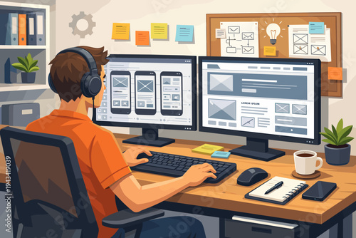 UI UX Designer Working on Website Interface and App Design at Modern Workspace