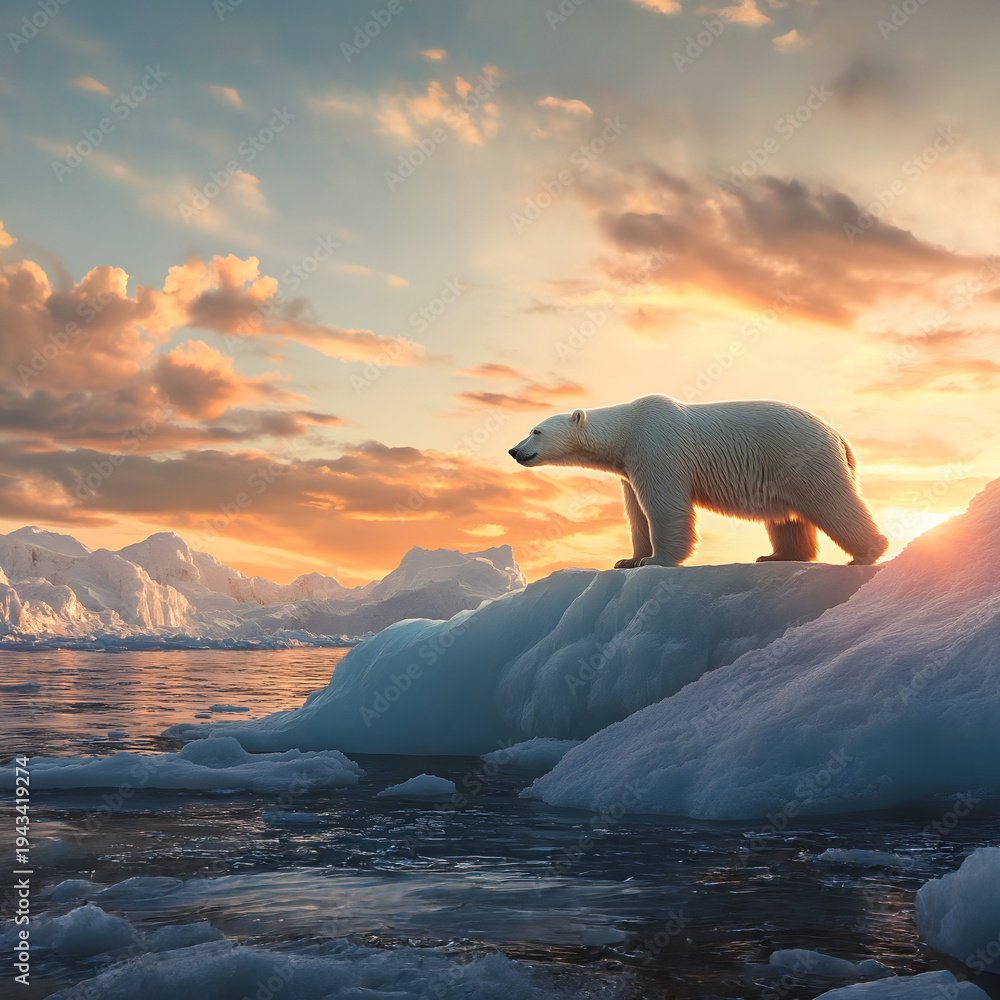 Naklejka premium A breathtaking scene of a powerful polar bear perched atop a colossal iceberg in the frigid wilderness of Antarctica.