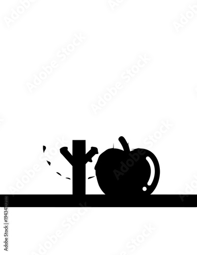 Black silhouette of apple and coffee mug on table.