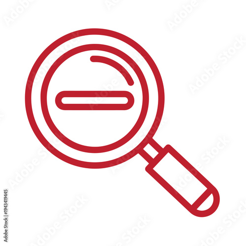 Red magnifying glass icon with minus sign in lens on white background