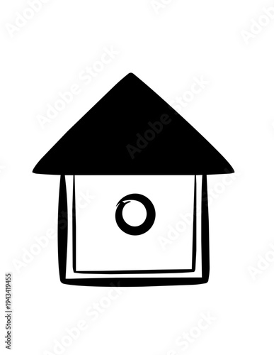 Simple black and white birdhouse illustration.