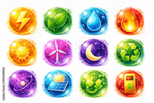 Colorful Renewable Energy and Sustainability Icons Set with Solar, Wind, Water and Recycling Symbols
