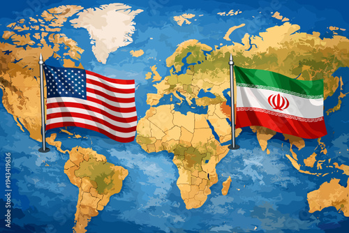 Geopolitical Tension Concept with United States and Iran Flags on World Map