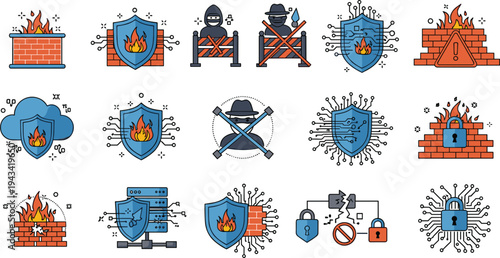 Cyber security protection and firewall technology flat vector icon set with shield lock hacker attack warning cloud security and digital safety symbols isolated design.
