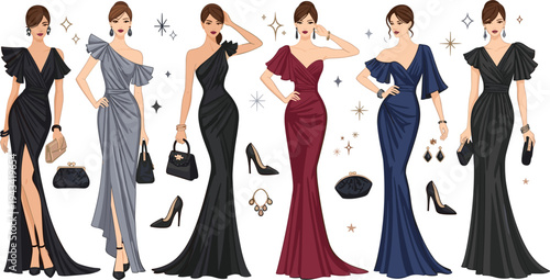 Elegant women evening gown fashion flat vector illustration set with luxury dresses high heels handbags jewelry and stylish female model characters isolated design.