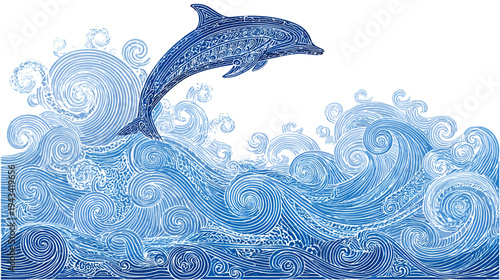 A blue dolphin leaps from stylized ocean waves. Drawn in a distinctive, textured style