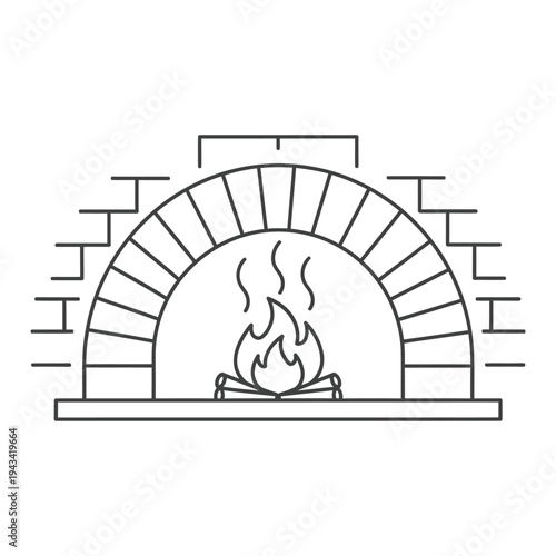 Cozy brick fireplace with a warm, crackling fire, line art illustration.